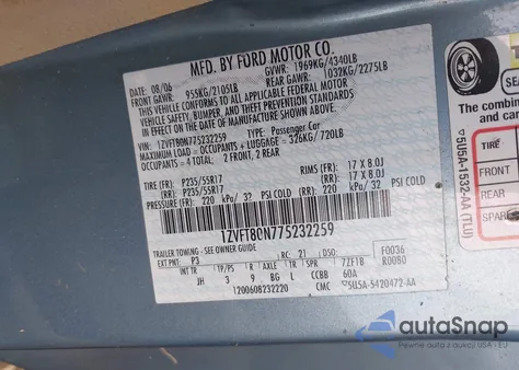 2007 Ford Mustang V6 Deluxe/V6 Premium z USA, uszkodzony, nr VIN 1ZVFT80N775232259